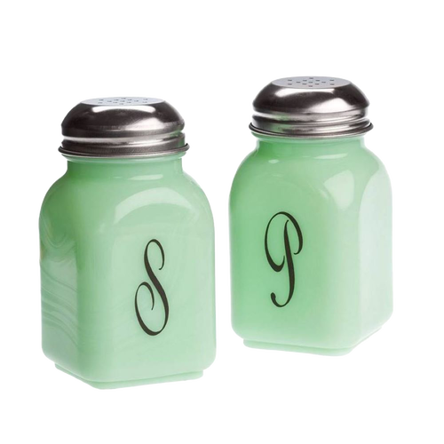 Set of two vintage-style pale green glass salt and pepper shakers with black monograms and metal tops, handcrafted in the USA, ideal for Kitchen & Food, Dinnerware, and Storage collections.