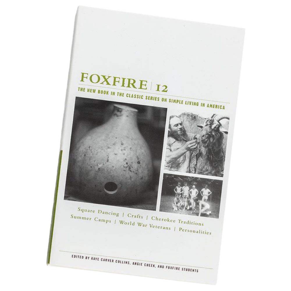 Handcrafted book cover of Foxfire volume 12 featuring black and white images of traditional crafts, square dancing, and Cherokee heritage, part of heritage and lifestyle books collection.
