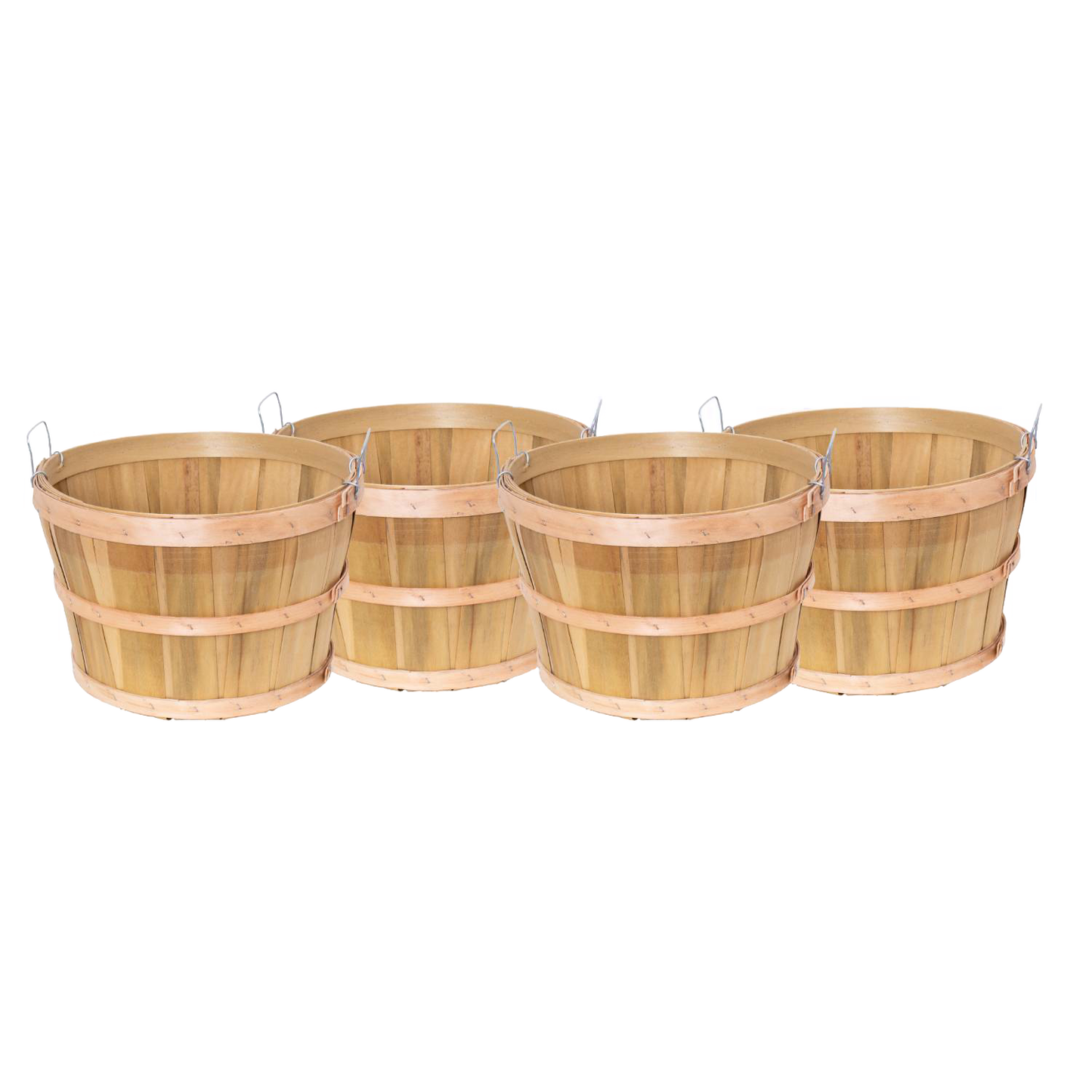 Set of four handcrafted raw poplar wood half bushel baskets with metal wire handles, ideal for Farm, Garden & Tool, Garden Accessories, USA Made, Best Sellers, and Promo Eligible collections.