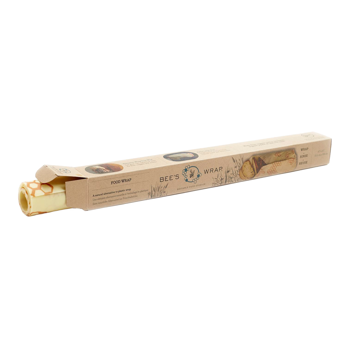 Partially unwrapped beige beeswax food wrap roll with natural patterns, presented in eco-friendly packaging, handcrafted in the USA, ideal for Kitchen & Food, Storage and Serving collections.