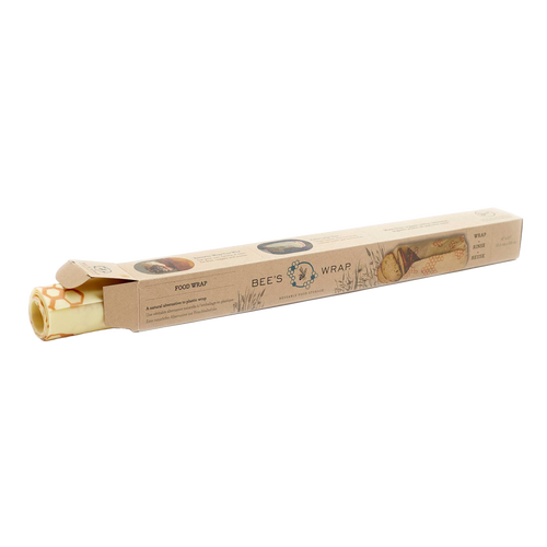Partially unwrapped beige beeswax food wrap roll with natural patterns, presented in eco-friendly packaging, handcrafted in the USA, ideal for Kitchen & Food, Storage and Serving collections.