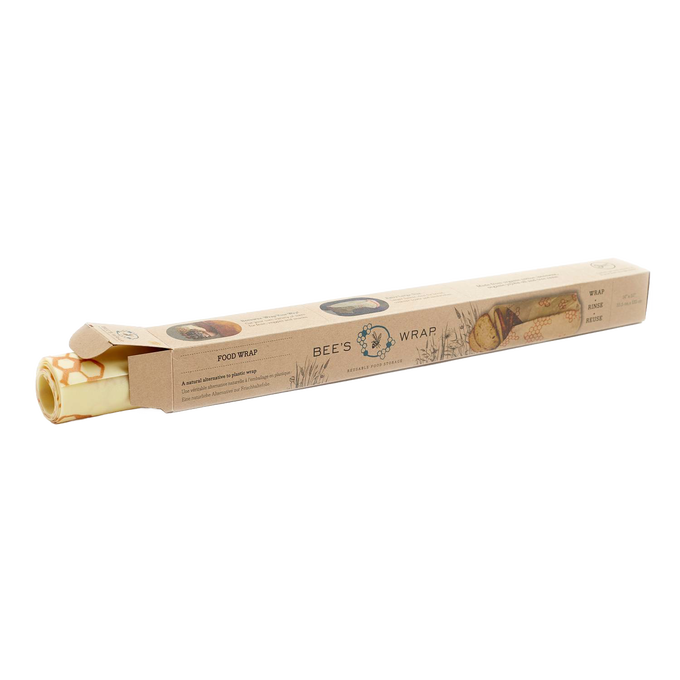 Partially unwrapped beige beeswax food wrap roll with natural patterns, presented in eco-friendly packaging, handcrafted in the USA, ideal for Kitchen & Food, Storage and Serving collections.