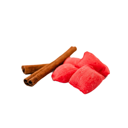 Light, airy handcrafted cinnamon puffs in vibrant red with two cinnamon sticks, made in the USA, perfect for Kitchen & Food, Snacks and Sweets, USA Made, Best Sellers, and Promo Eligible collections.