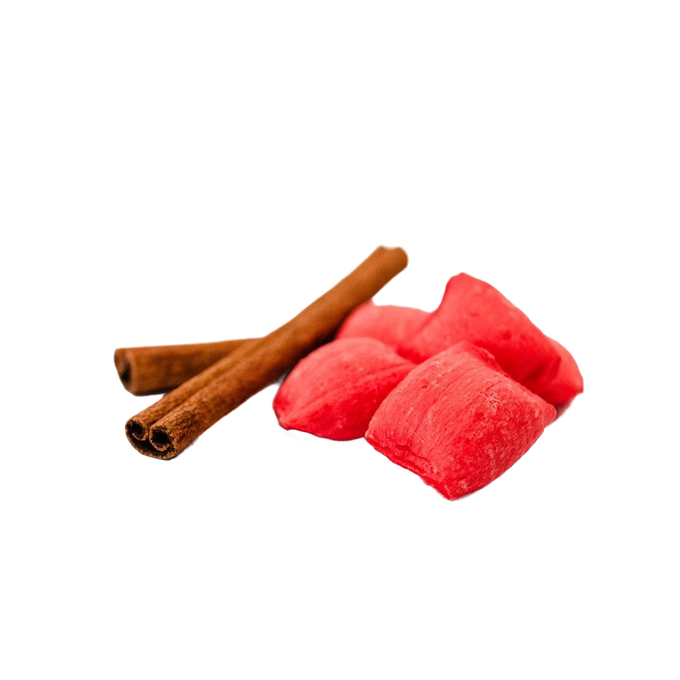 Light, airy handcrafted cinnamon puffs in vibrant red with two cinnamon sticks, made in the USA, perfect for Kitchen & Food, Snacks and Sweets, USA Made, Best Sellers, and Promo Eligible collections.
