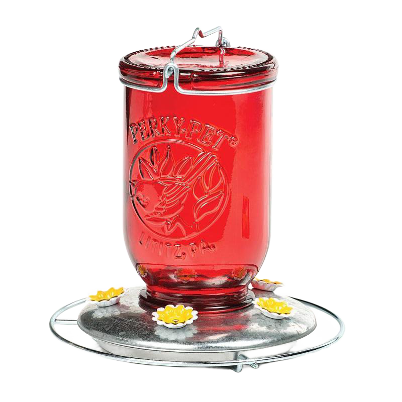 Rustic red-tinted glass hummingbird feeder with metal base and yellow flower feeding ports, designed for easy nectar filling, featured in Farm, Garden & Tool and Animal Care collections.