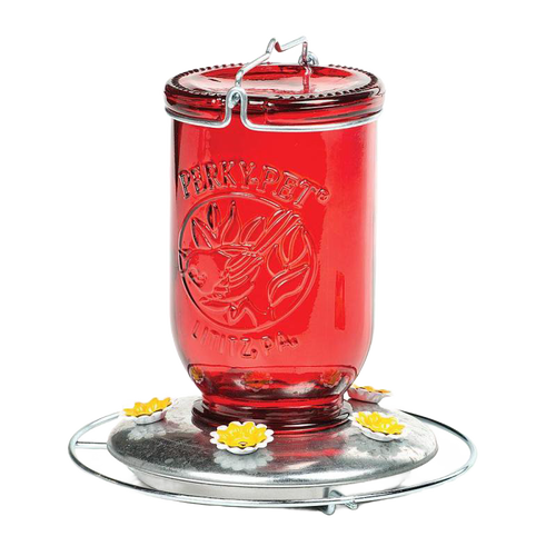 Rustic red-tinted glass hummingbird feeder with metal base and yellow flower feeding ports, designed for easy nectar filling, featured in Farm, Garden & Tool and Animal Care collections.
