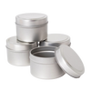 Set of five matte silver metal tins with lids, featuring a simple, handcrafted style ideal for homemade soy candle storage and crafting supplies in candlemaking collections.