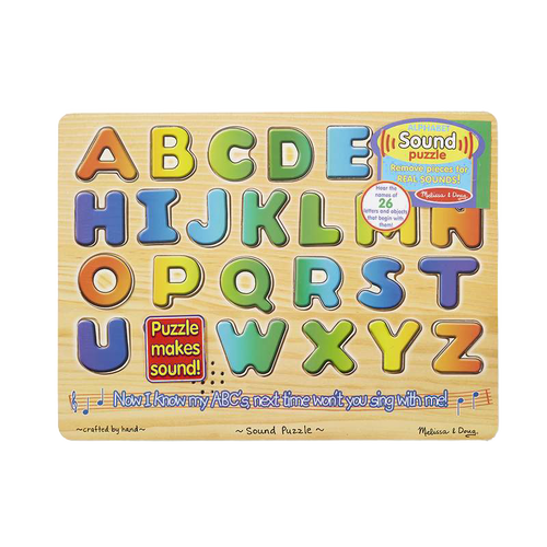 Colorful wooden alphabet puzzle with raised pieces that pronounce letters when placed correctly, designed for children’s learning and featured in Toys, Children’s Toys, and Wooden Toys collections.
