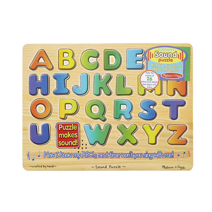 Colorful wooden alphabet puzzle with raised pieces that pronounce letters when placed correctly, designed for children’s learning and featured in Toys, Children’s Toys, and Wooden Toys collections.