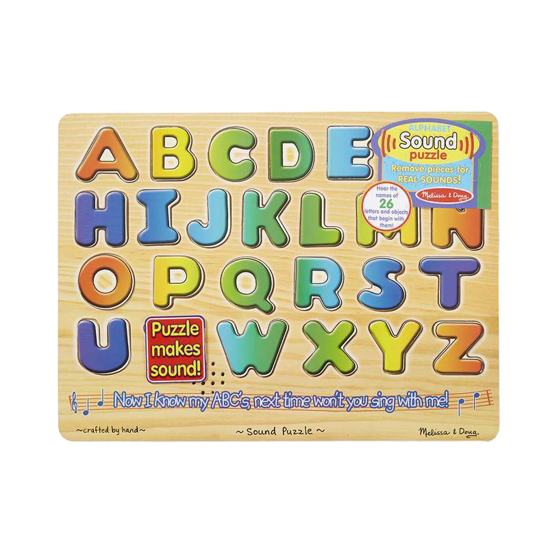 Colorful wooden alphabet puzzle with raised pieces that pronounce letters when placed correctly, designed for children’s learning and featured in Toys, Children’s Toys, and Wooden Toys collections.