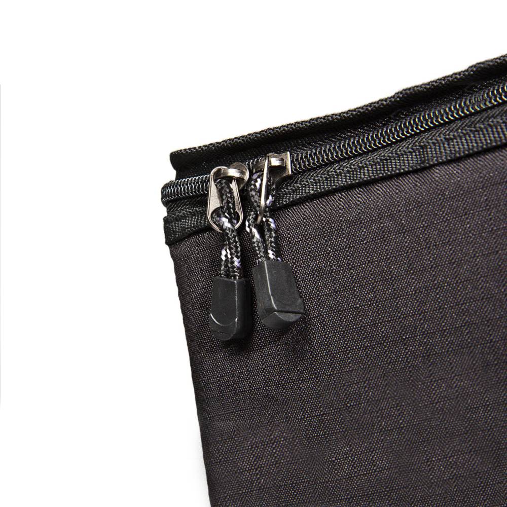 Close-up of a sturdy black ripstop fiber zippered bag with reinforced padded walls, designed for secure storage and transport of lamps and reflectors, ideal for camping and outdoor use.