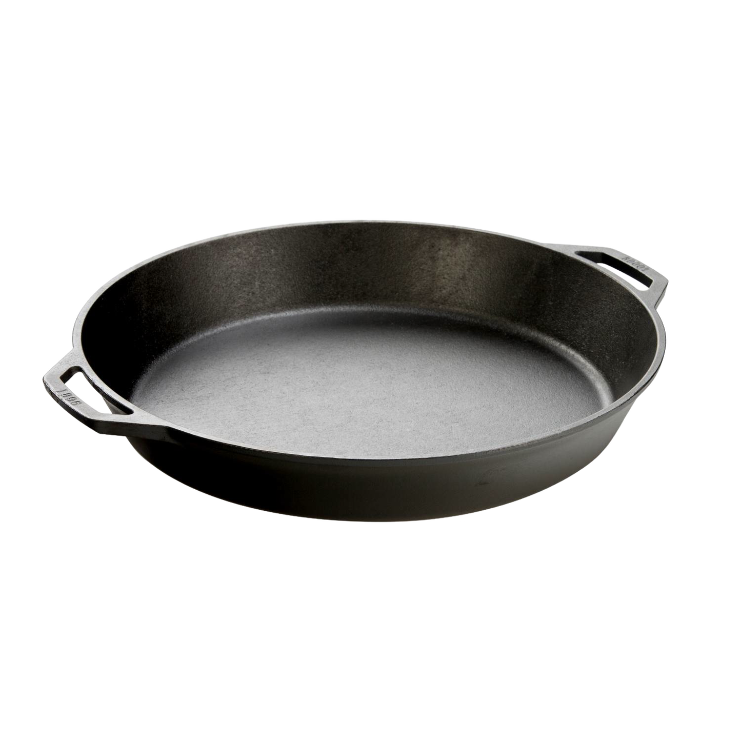 Large handcrafted black cast iron skillet with two loop handles, designed for cooking hearty meals, featured in Kitchen & Food, Cookware, Cast Iron, and USA Made collections.