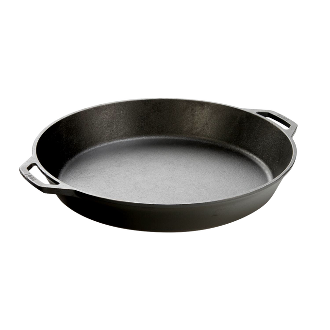 Large handcrafted black cast iron skillet with two loop handles, designed for cooking hearty meals, featured in Kitchen & Food, Cookware, Cast Iron, and USA Made collections.