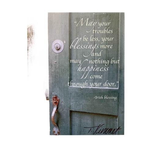 Handcrafted scenic magnet featuring a weathered green door with an Irish blessing that wishes blessings and happiness, perfect for Home & Decor, Best Sellers, and Promo Eligible collections.