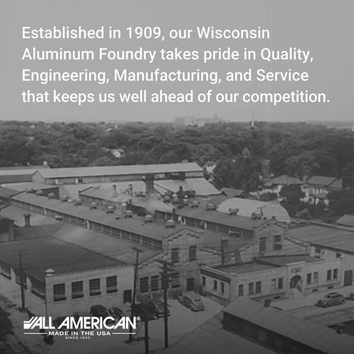 Historic black and white aerial view of an aluminum foundry facility in Wisconsin, highlighting a legacy of quality engineering and manufacturing since 1909, ideal for Farm, Garden & Tool and USA Made collections.