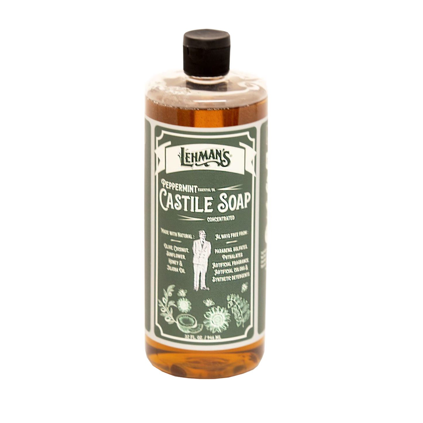 Clear amber bottle of handcrafted concentrated castile soap with peppermint scent, made in USA, ideal for Health & Wellness, Soaps and Grooming collections, Lehman's brand.