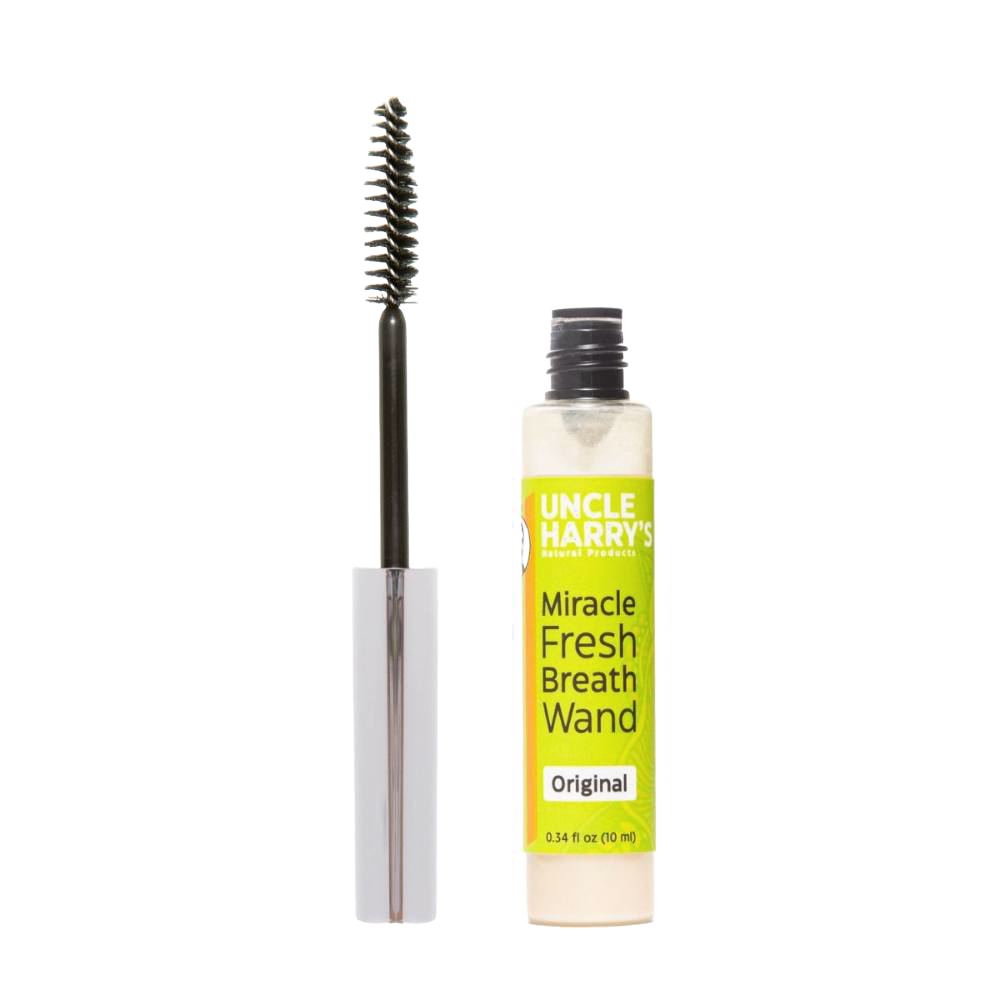 Handcrafted portable fresh breath wand with a small clear bottle and attached brush applicator, made in the USA, featured in Health & Wellness and Grooming and Personal Hygiene collections.