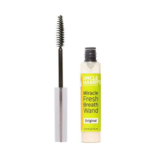 Handcrafted portable fresh breath wand with a small clear bottle and attached brush applicator, made in the USA, featured in Health & Wellness and Grooming and Personal Hygiene collections.
