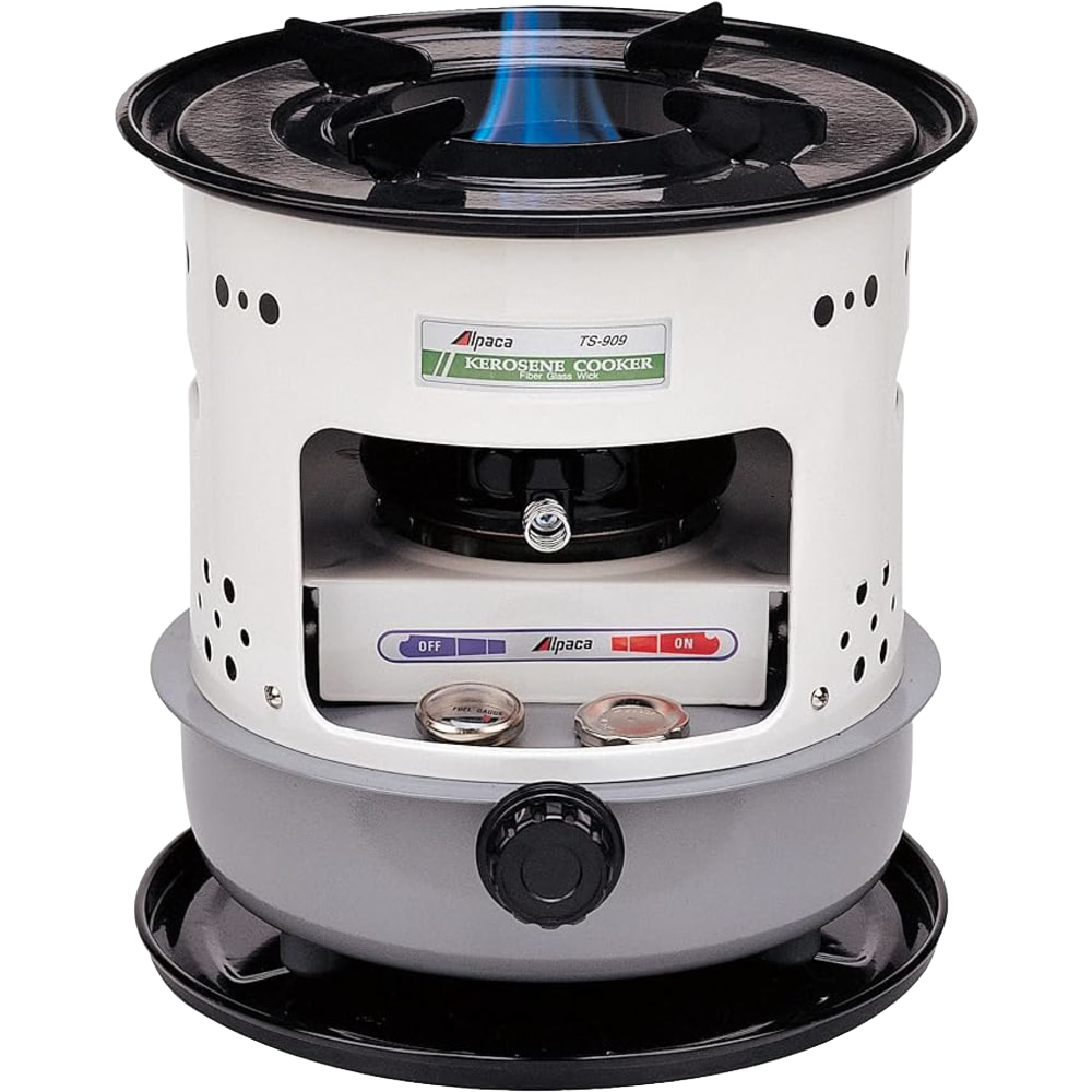 Compact portable kerosene stove with visible blue flame, featuring a fuel gauge and detachable tray, ideal for farm, garden, camping, emergency supplies, and outdoor cooking.