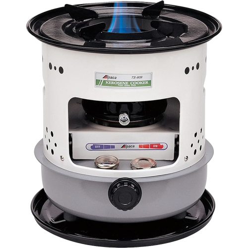 Compact portable kerosene stove with visible blue flame, featuring a fuel gauge and detachable tray, ideal for farm, garden, camping, emergency supplies, and outdoor cooking.