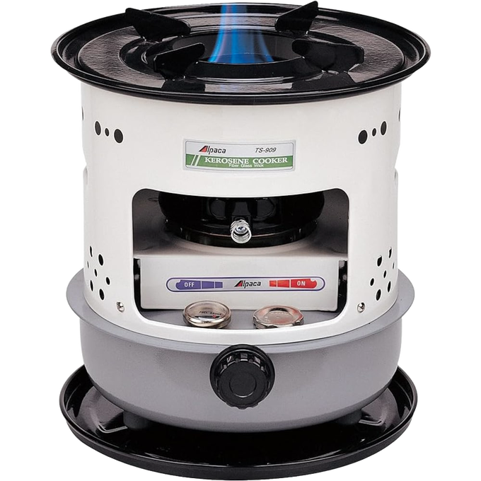 Compact portable kerosene stove with visible blue flame, featuring a fuel gauge and detachable tray, ideal for farm, garden, camping, emergency supplies, and outdoor cooking.