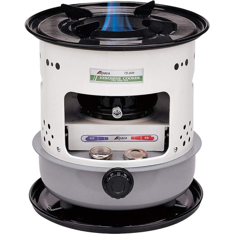 Compact portable kerosene stove with visible blue flame, featuring a fuel gauge and detachable tray, ideal for farm, garden, camping, emergency supplies, and outdoor cooking.