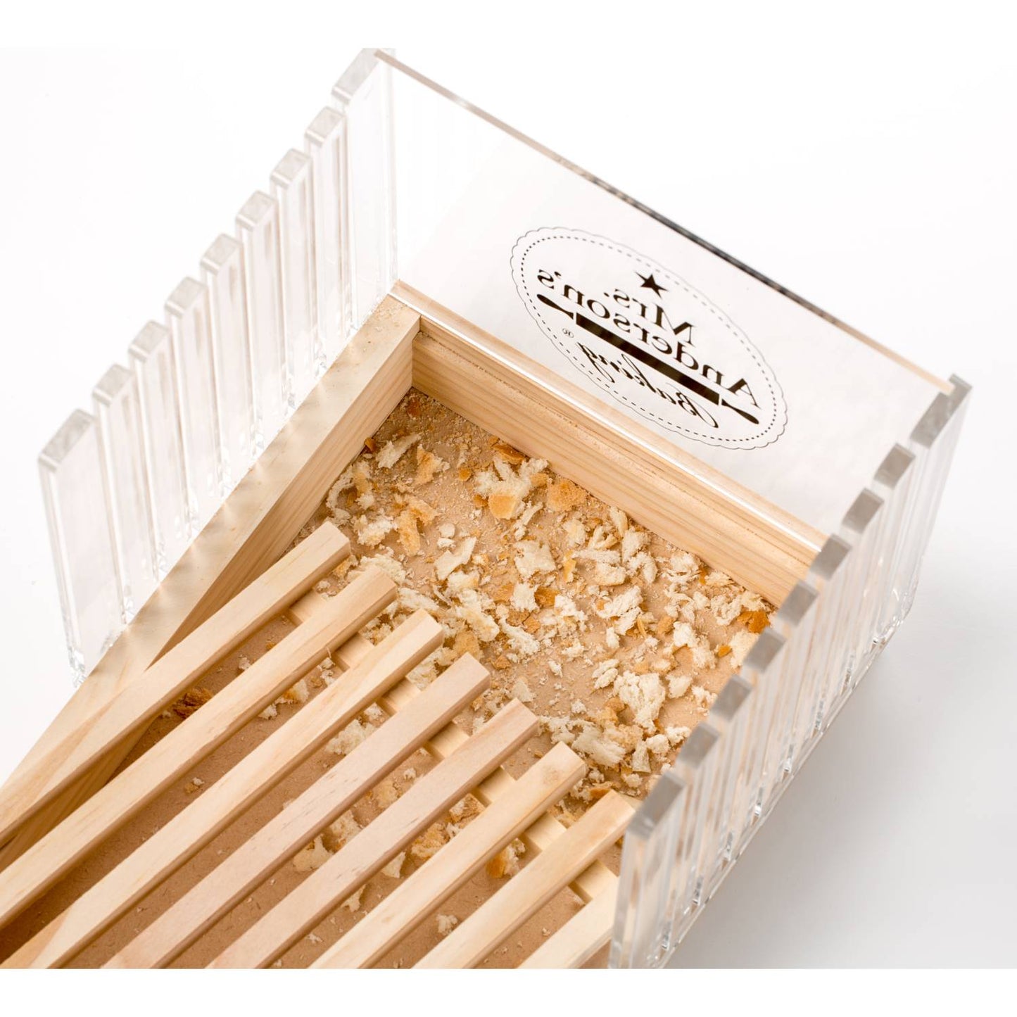 Handcrafted bread slicing guide with wooden base and clear acrylic panels, featuring a removable crumb tray for easy cleanup, perfect for Kitchen & Food and Bread Making Supplies collections.