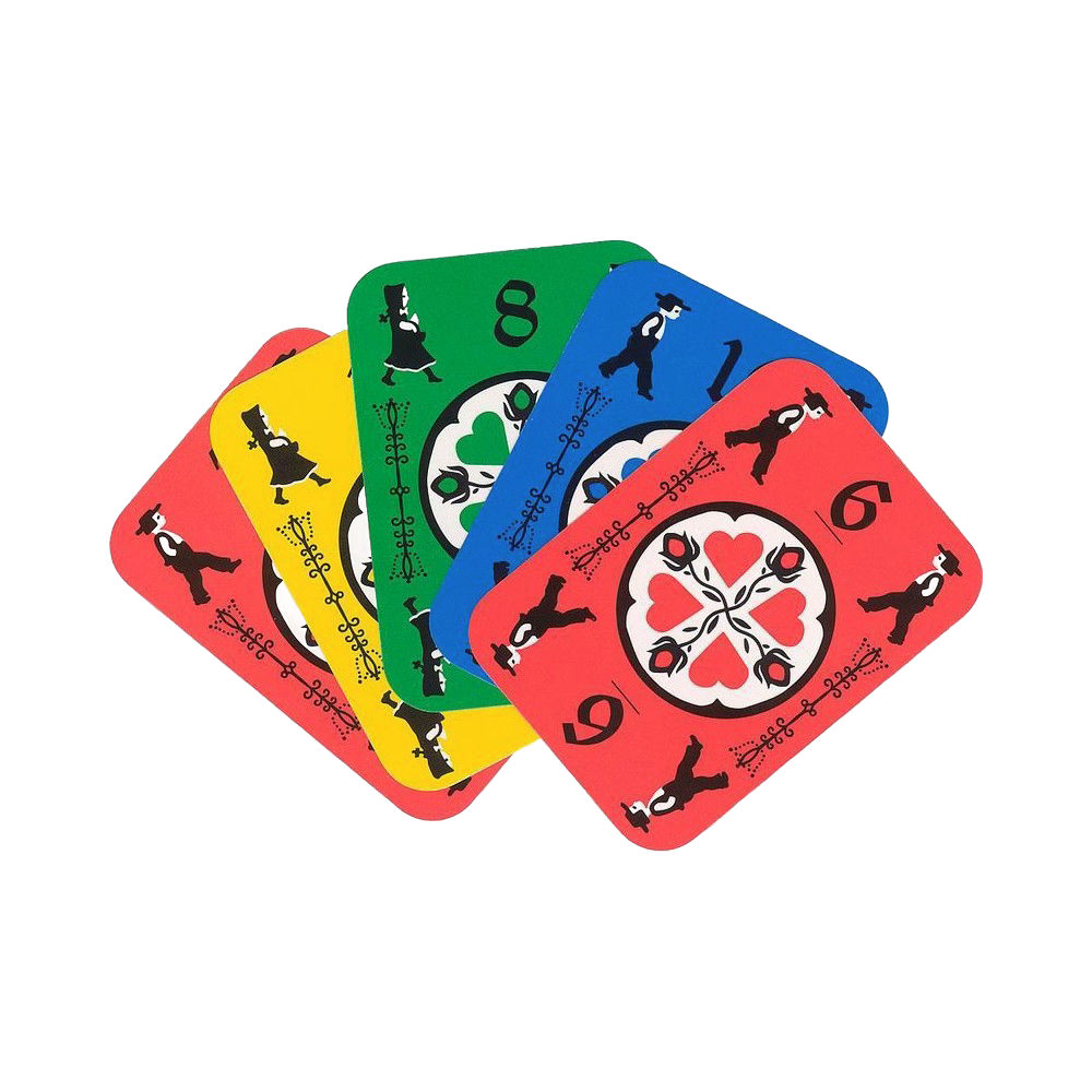Set of colorful handcrafted Amish style playing cards featuring folk art figures and decorative hearts and plants, ideal for Toys, Books & Games and USA Made collections.