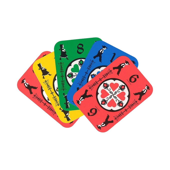 Set of colorful handcrafted Amish style playing cards featuring folk art figures and decorative hearts and plants, ideal for Toys, Books & Games and USA Made collections.