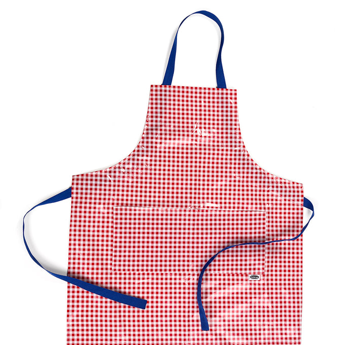 Handcrafted vinyl apron with classic red gingham pattern and adjustable blue straps, featuring two spacious pockets, designed for Kitchen & Food, Kitchen Accessories, USA Made, and Best Sellers collections.