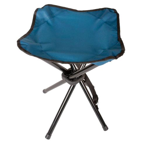 Lightweight three-legged folding stool with durable blue fabric seat and black metal legs, designed for easy transport and outdoor use in Farm, Garden & Tool, Camping, Best Sellers, Promo Eligible, and Sale collections.