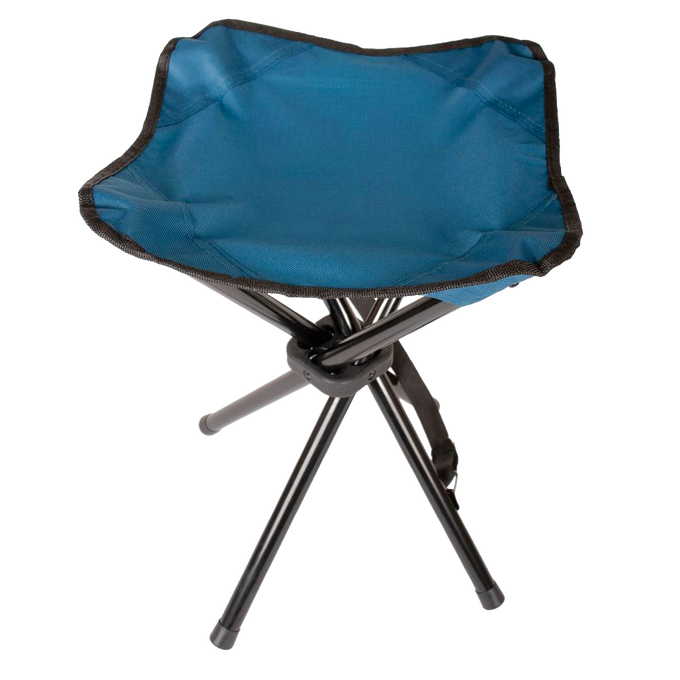 Lightweight three-legged folding stool with durable blue fabric seat and black metal legs, designed for easy transport and outdoor use in Farm, Garden & Tool, Camping, Best Sellers, Promo Eligible, and Sale collections.