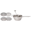 Stainless steel food mill with a long handle and four interchangeable discs for various texture levels, ideal for Farm, Garden & Tool and Kitchen & Food collections.