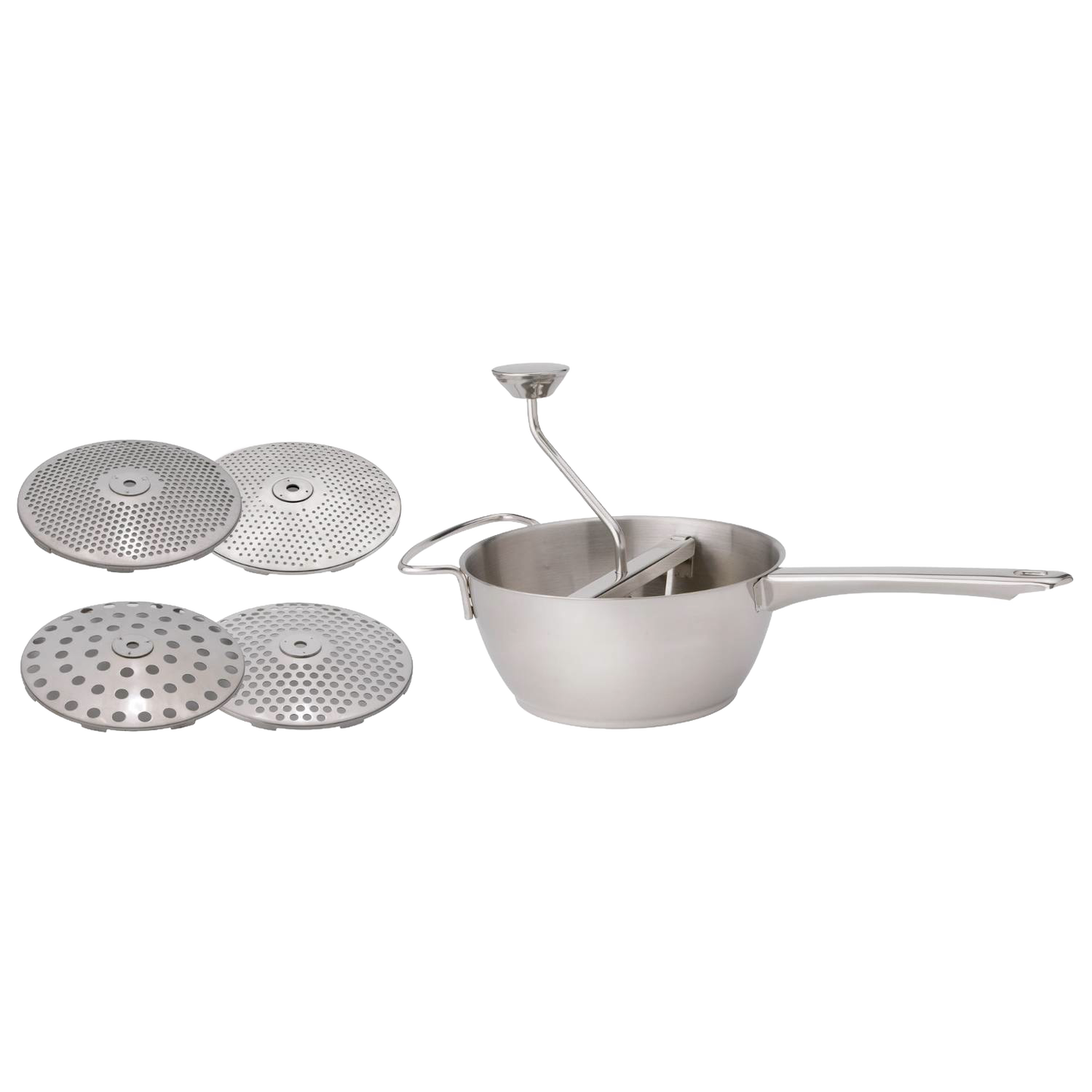 Stainless steel food mill with a long handle and four interchangeable discs for various texture levels, ideal for Farm, Garden & Tool and Kitchen & Food collections.