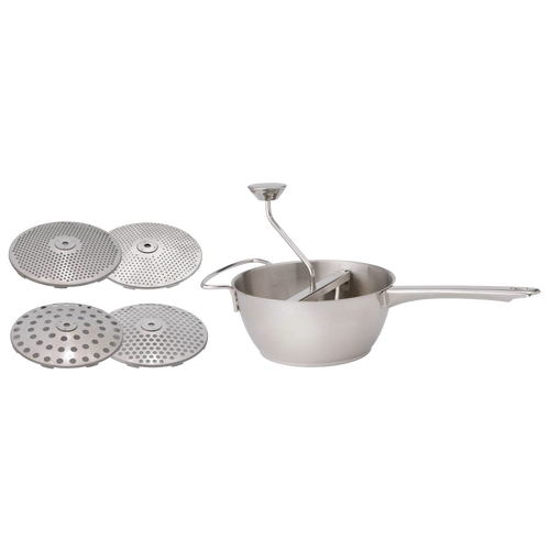 Stainless steel food mill with a long handle and four interchangeable discs for various texture levels, ideal for Farm, Garden & Tool and Kitchen & Food collections.