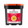 Black and orange bucket labeled as ReadyWise emergency food supply prepper pack, containing 52 servings with up to 25 years shelf life, designed for emergency supplies and pantry storage.