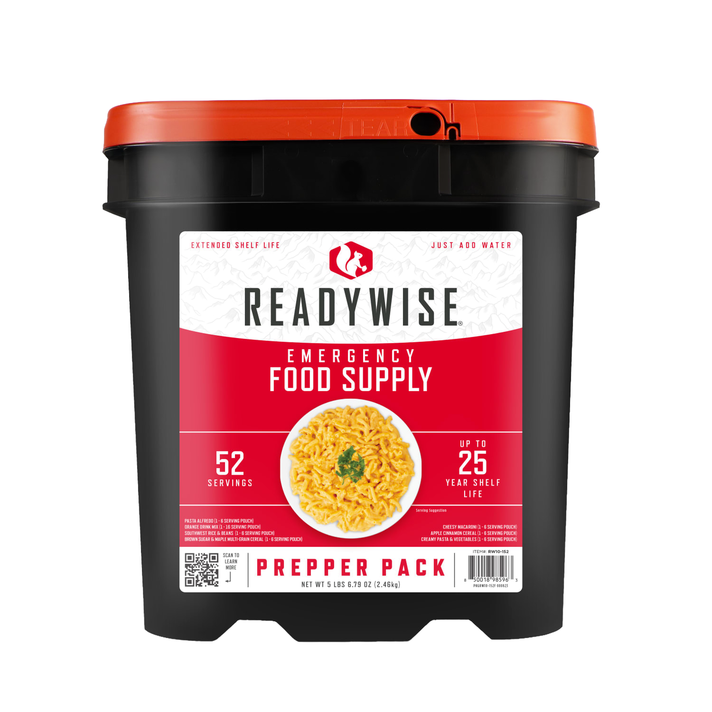 Black and orange bucket labeled as ReadyWise emergency food supply prepper pack, containing 52 servings with up to 25 years shelf life, designed for emergency supplies and pantry storage.