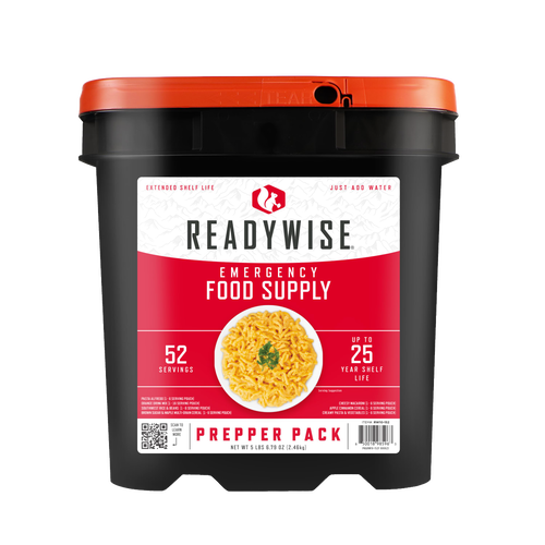 Black and orange bucket labeled as ReadyWise emergency food supply prepper pack, containing 52 servings with up to 25 years shelf life, designed for emergency supplies and pantry storage.