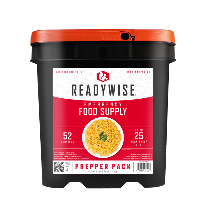 Black and orange bucket labeled as ReadyWise emergency food supply prepper pack, containing 52 servings with up to 25 years shelf life, designed for emergency supplies and pantry storage.