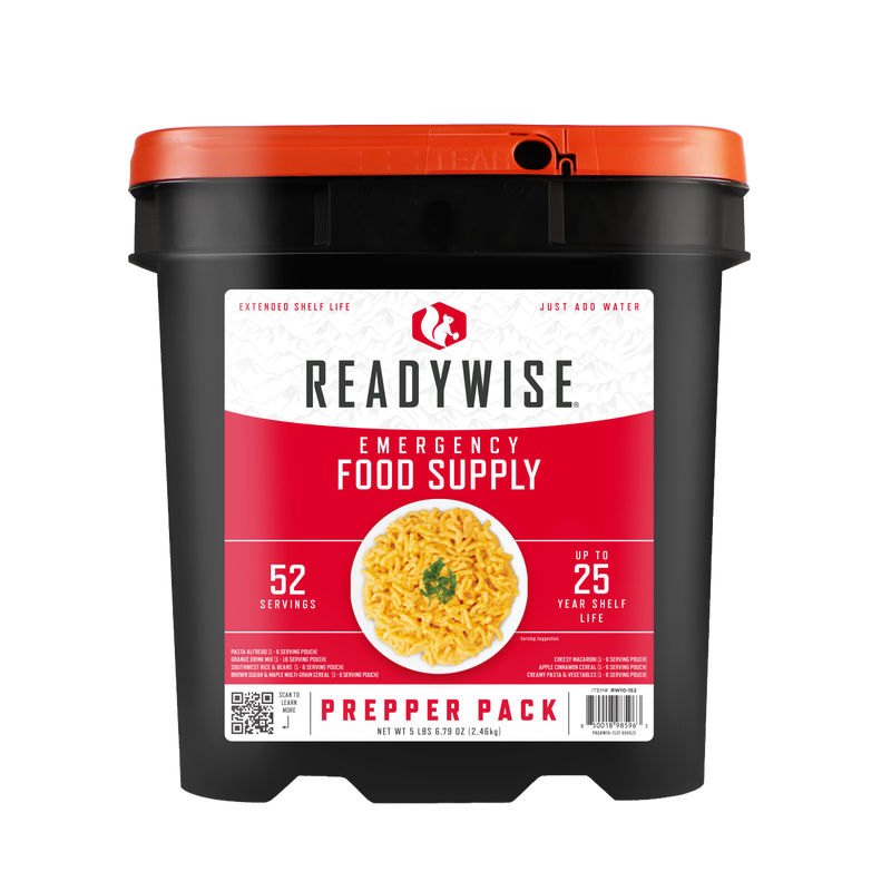 Black and orange bucket labeled as ReadyWise emergency food supply prepper pack, containing 52 servings with up to 25 years shelf life, designed for emergency supplies and pantry storage.