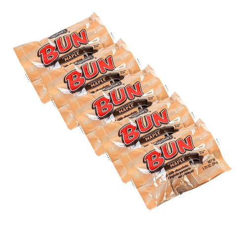 Pack of five individually wrapped Maple Bun candy bars featuring milk chocolate and Virginia pecans, handcrafted in USA, ideal for Kitchen & Food, Candy, and Best Sellers collections.