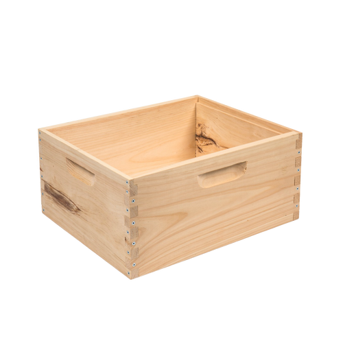 Handcrafted wooden deep bee box with smooth natural finish and built-in handles, Amish made in the USA, designed for beekeeping supplies and farm, garden, and tool collections.