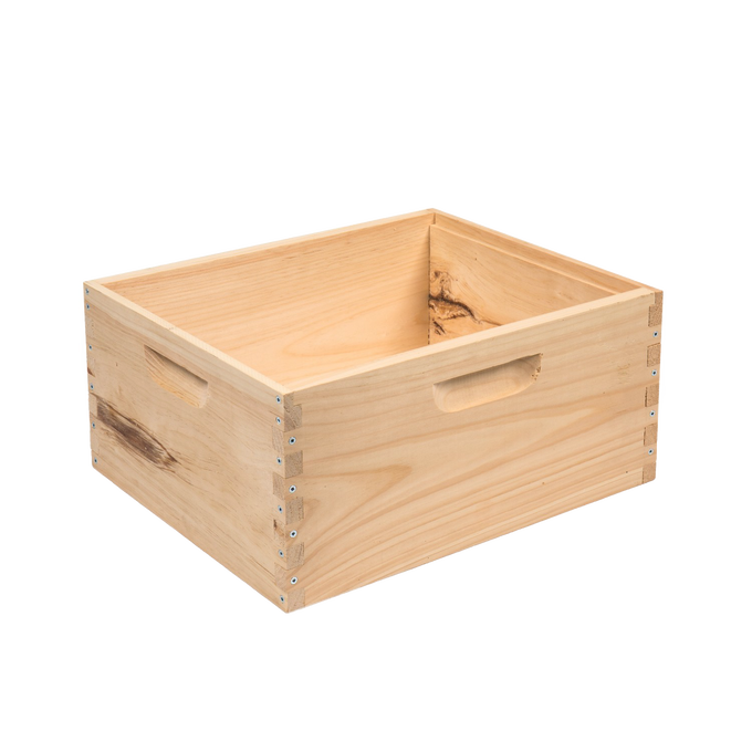 Handcrafted wooden deep bee box with smooth natural finish and built-in handles, Amish made in the USA, designed for beekeeping supplies and farm, garden, and tool collections.