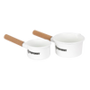 Set of two white enamel pans with wooden handles, designed for outdoor cooking and camping, featuring measurement lines inside, ideal for Farm, Garden & Tool, Kitchen & Food, Camping, Cookware collections.