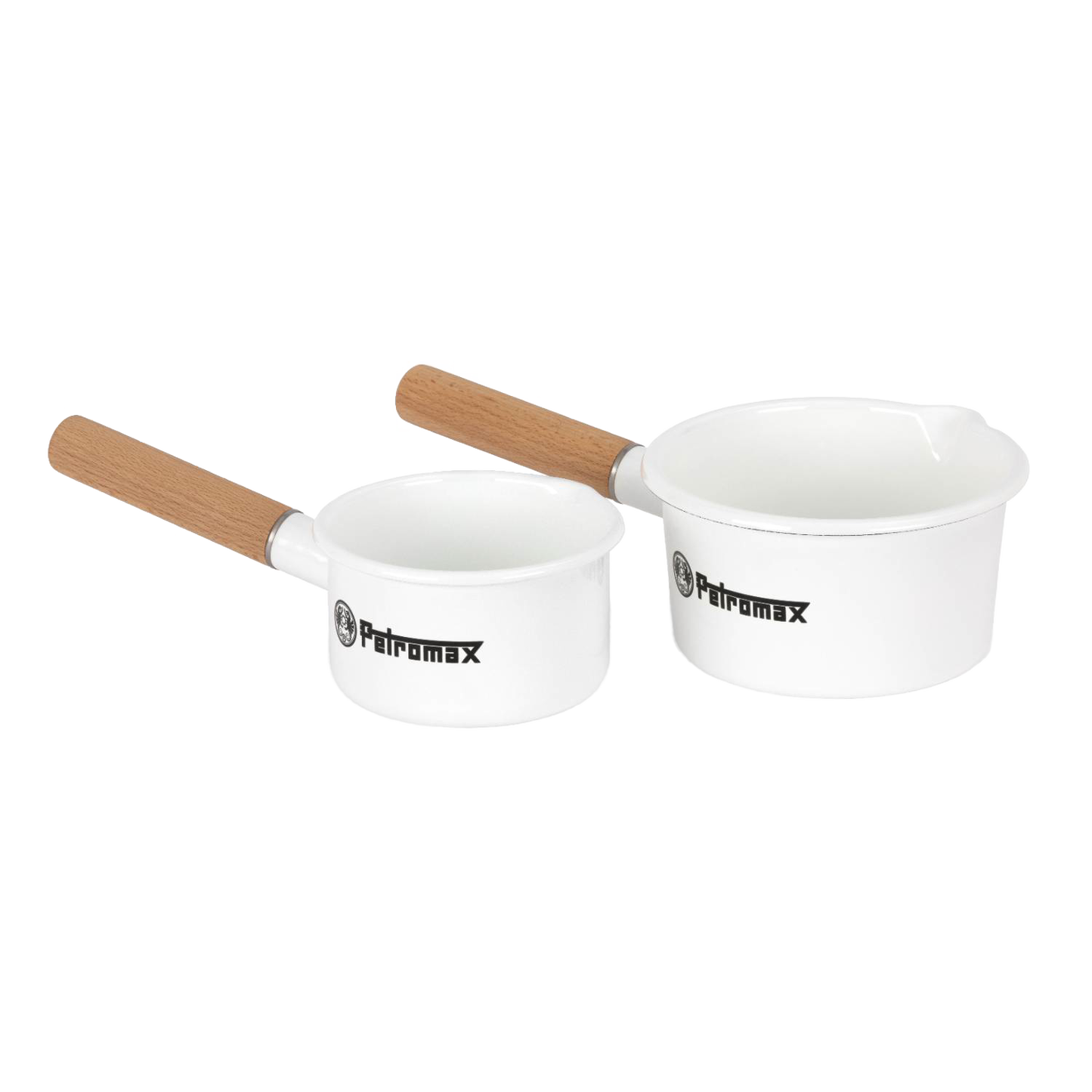 Set of two white enamel pans with wooden handles, designed for outdoor cooking and camping, featuring measurement lines inside, ideal for Farm, Garden & Tool, Kitchen & Food, Camping, Cookware collections.