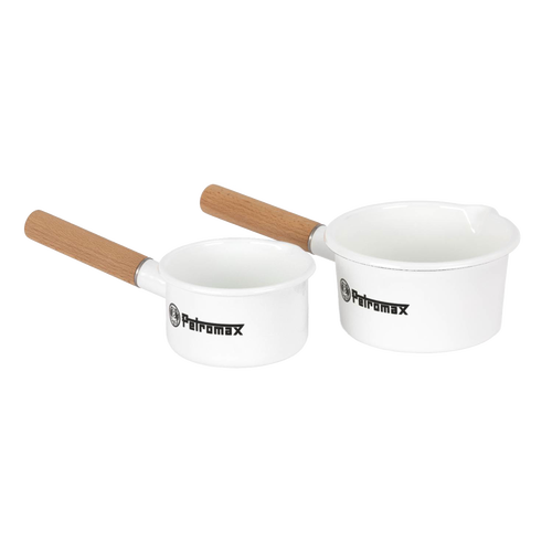 Set of two white enamel pans with wooden handles, designed for outdoor cooking and camping, featuring measurement lines inside, ideal for Farm, Garden & Tool, Kitchen & Food, Camping, Cookware collections.