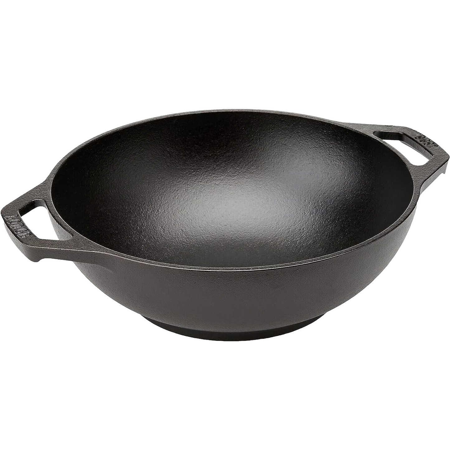 Handcrafted cast iron mini wok with flat bottom and sloped sides, featuring loop-style handles, ideal for all cooking surfaces including induction, part of Kitchen & Food cookware collection.