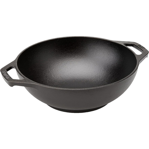 Handcrafted cast iron mini wok with flat bottom and sloped sides, featuring loop-style handles, ideal for all cooking surfaces including induction, part of Kitchen & Food cookware collection.