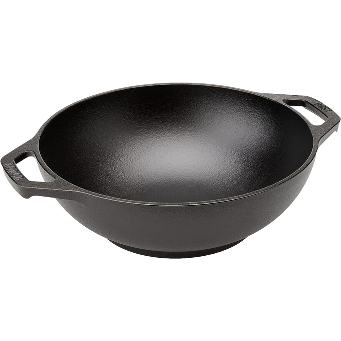 Handcrafted cast iron mini wok with flat bottom and sloped sides, featuring loop-style handles, ideal for all cooking surfaces including induction, part of Kitchen & Food cookware collection.
