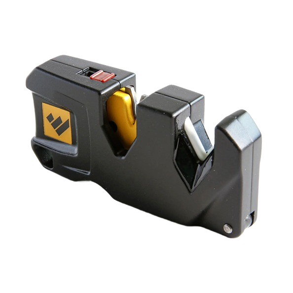 Compact black handheld knife sharpener with yellow and silver sharpening components, designed for quick and easy blade maintenance, featured in sharpening, kitchen, and hardware collections.